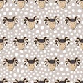 Vector flat animals colorful illustration for kids. Seamless pattern with ram face on beige polka dots background. Cute Royalty Free Stock Photo