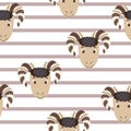 Vector flat animals colorful illustration for kids. Seamless pattern with ram face on white striped background. Cute sheep. Royalty Free Stock Photo