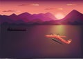 Vector flat art illustration of ocean sunset with a bulker and hydro plan