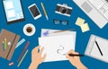 Vector flat artistic workplace with drawing supplies, camera and laptop - top view on blue background