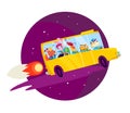 Vector flat back to school illustration with big yellow school bus flying like rocket on dark blue sky isolated. Royalty Free Stock Photo