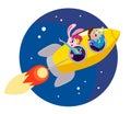 Vector flat back to school illustration with flying big yellow rocket on dark blue sky isolated.