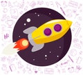 Vector flat back to school illustration with flying big yellow rocket on dark blue sky isolated.