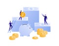 Vector flat bank business illustration. Team of businessman on money stack with coin isolated on white. Concept of save, banking, Royalty Free Stock Photo