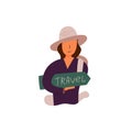 Vector flat banner travel time girl in brown hat