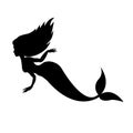 Vector flat black silhouette of swimming mermaid