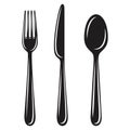 Vector Flat Black and White Dinner Fork, Knife and Spoon Icon Set Closeup, Isolated. Tableware Set. Top View Royalty Free Stock Photo