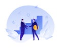 Vector flat business cooperation person illustration.Two male handshake holding coin on chart background. Concept of analytics,