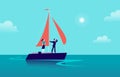 Vector flat business illustration with businessman & lady sailing on ship through ocean on blue clouded sky background.