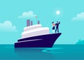 Vector flat business illustration with businessman & lady sailing on ship through ocean towards city on blue clouded sky.