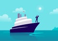 Vector flat business illustration with businessman sailing on ship through ocean towards city on blue clouded sky.