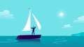 Vector flat business illustration with businessman sailing on ship through ocean towards city on blue clouded sky.