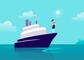 Vector flat business illustration with business lady sailing on ship through ocean towards city on blue clouded sky. Royalty Free Stock Photo