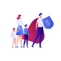 Vector flat business insurance person illustration. Family and super hero defender agent isolated on white. Concept of finance