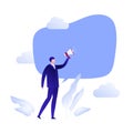 Vector flat business leadership and marketing illustration. Male with loud speaker and talk bubble. Concept of motivation,