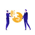 Vector flat business puzzle person illustration. Male and female businessman holding dollar coin pieces. Concept of teamwork,