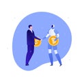 Vector flat business robot person illustration. Businessman handshake with robot holding dollar and bitcoin. Concept of using ai Royalty Free Stock Photo