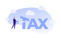 Vector flat business tax cut person illustration. Man with scissors cut tax text isolated on white. Concept of lower tax. Design