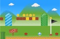 Vector flat card with super mario. Cartoon-style background template for birthday invitation. Illustration with elements