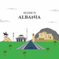 Vector flat cartoon Albania landmark building. Welcome to Albania. Tirana tourist attractions. Design elements for banner,