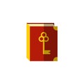 Vector flat and cartoon book icon with metal gold book corners and gold key on a cover, front view. Flat isolated on