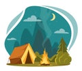 Vector flat cartoon camping illustration. Family Adventure. Night landscape with tent, campfire, rocky mountains, forest.