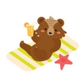 Vector flat cartoon cute kawaii brown bear sunbathe