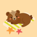 Vector flat cartoon cute kawaii brown bear sunbathe