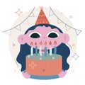 Vector flat cartoon illustration. Birthday party. Girl blows out the candles and makes a wish. Royalty Free Stock Photo