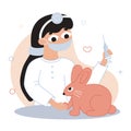 Vector flat cartoon illustration. The doctor treats the rabbit. The veterinarian gives an injection to the animal. Royalty Free Stock Photo