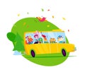 Vector flat cartoon illustration with funny animal students and yellow school bus Royalty Free Stock Photo