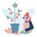 Vector flat cartoon illustration. The girl is waiting for the money tree to grow. Investments, dividends. Royalty Free Stock Photo