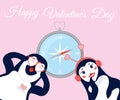 Vector flat cartoon illustration of a penguin couple.A couple of penguins in love goes on a trip.The compass shows them