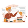 Vector flat cartoon illustration. The programmer studies online. The student is watching the lecture online.