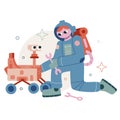 Vector flat cartoon illustration. Space Adventures. Astronaut fixes the rover. A cute rover is exploring alien planets. Royalty Free Stock Photo
