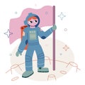 Vector flat cartoon illustration. Space Adventures. The astronaut holding a flag on the moon. Royalty Free Stock Photo