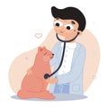 Vector flat cartoon illustration. The doctor treats the cat, the veterinarian with a stethoscope listens to the cat.