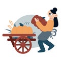 Vector flat cartoon illustration. Young girl harvests. Woman carries a pumpkin to a vegetable cart. Royalty Free Stock Photo