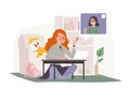 Vector flat cartoon illustration of young girl student at laptop having online lesson at home. Distance study Royalty Free Stock Photo