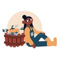 Vector flat cartoon illustration. Young woman farmer rests next to a basket of vegetables after the harvest.