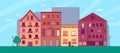 Vector flat cartoon panorama - cityscape with clouds