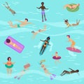 Vector flat cartoon people in sea or ocean swimming, diving, sunbathing on floating air mattres. Royalty Free Stock Photo