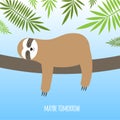 Vector flat sloth on palm tree branch on blue sky