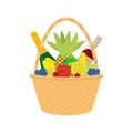 Vector flat cartoon straw wicker basket with food