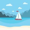 Vector flat cartoon style illustration of blue sea with sailboat, mountains, clouds and sand beach Royalty Free Stock Photo