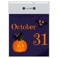 Vector flat cartoon style illustration of 31 october day tear-off paper wall calendar with halloween characters. Royalty Free Stock Photo