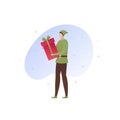 Vector flat christmas celebration people illustration. Man in elf outfit with red gift box on white background. Holiday fairytale Royalty Free Stock Photo