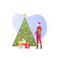 Vector flat christmas celebration people illustration. Man in santa claus outfit with stack of gift box and decorated tree Royalty Free Stock Photo