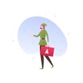 Vector flat christmas celebration people illustration. Young woman in elf outfit with red gift box on white background. Holiday Royalty Free Stock Photo