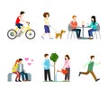 Vector flat city street pedestrians: bicycle rider, couple Royalty Free Stock Photo